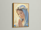 A gold frame enhances this Madonna canvas art. The frame brings a touch of elegance. It complements the primary gold color in the artwork. This religious canvas is perfect for collectors. Add a luxurious feel to your spiritual artwork.