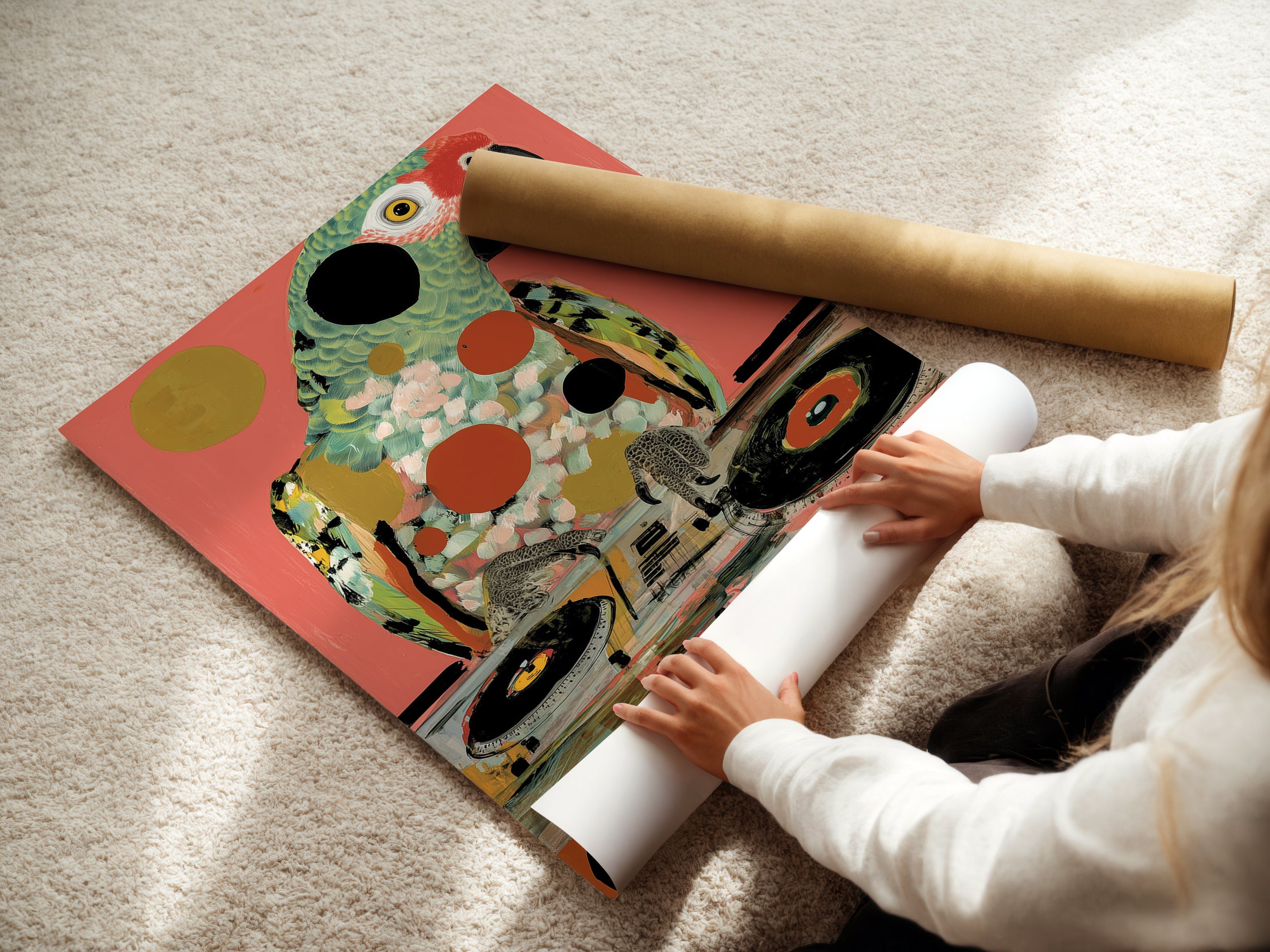 A woman carefully rolls a fine art poster paper print. This shows the care and quality that goes into each Parrot DJ art print. This is a great option for those who want flexibility in framing. Get your tropical bird art today. Perfect for music room decor.