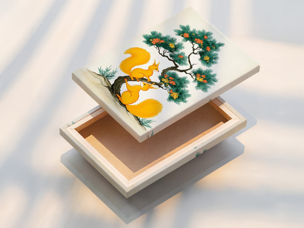 The stretched canvas print showcases the Asian-style squirrel artwork. The botanical tree poster is ready to hang. No framing is required. This animal canvas brings a touch of nature and elegance to your wall art collection. Perfect for kids room art.