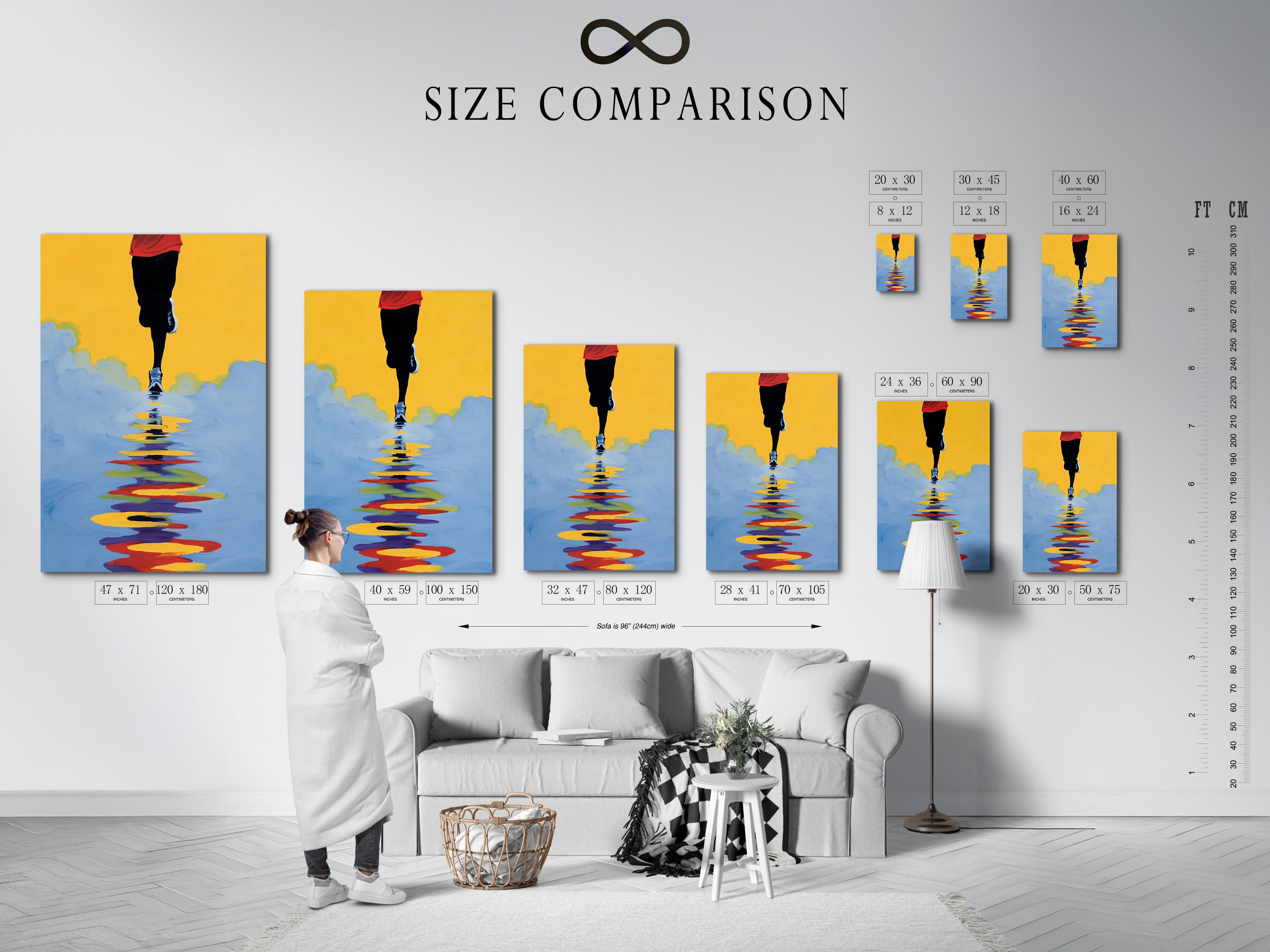 A size comparison chart of the runner artwork is displayed in an interior setting. See how this abstract marathon wall art fits into your space. A modern sport artwork and a great gift for any athlete. Visualize the perfect fit for your wall.