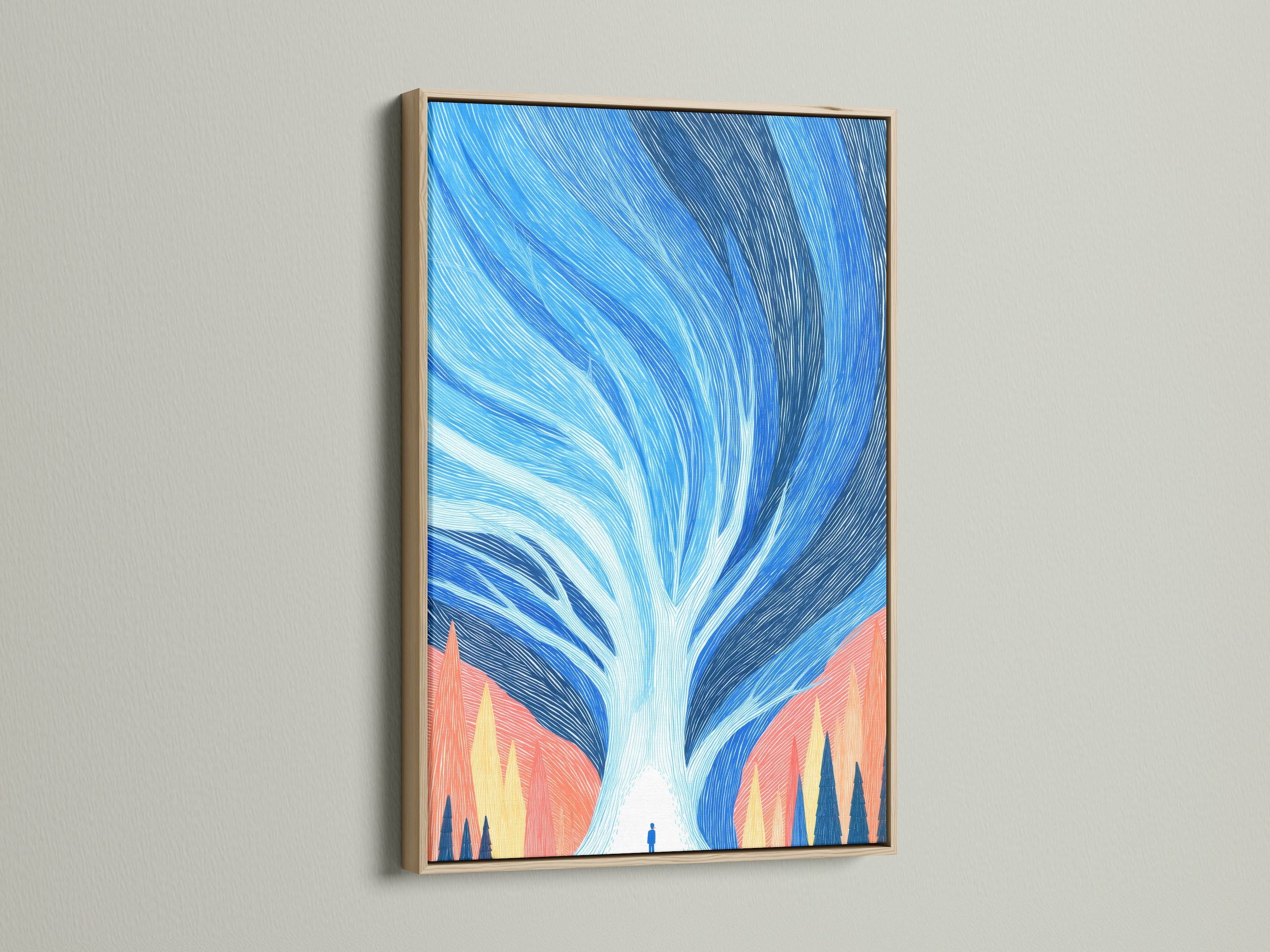 Abstract Tree canvas print in an oak frame. The oak frame adds a touch of natural warmth. Perfect for a modern nature artwork. The blue canvas print brings a calming presence. Elevate your office or living space with this unique piece.