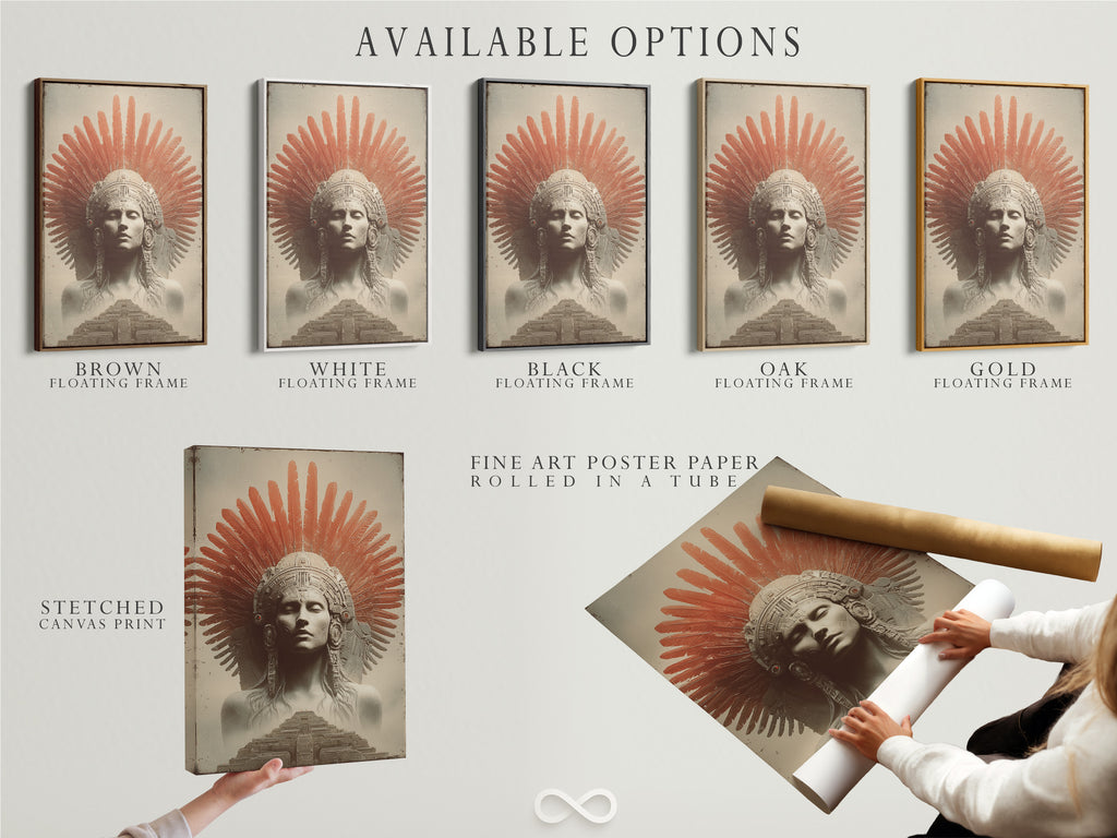 Available options are displayed. These include stretched canvas prints fine art poster paper and floating frames. The artwork features an indigenous person with red feathers and a temple. Customize your art to match your style. Choose the perfect medium and frame.
