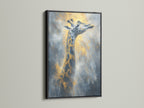 The giraffe artwork is framed in classic black. The black frame adds sophistication to this animal canvas. This safari artwork is perfect for creating a bold statement. A striking piece of africa art.