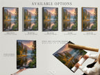 Available options for the mountain lake artwork. Choose from a stretched canvas print a fine art poster paper or a floating frame. This landscape artwork is perfect for cabin decor. Enhance your space with nature prints and mountain art. Select the perfect option to complement your style.