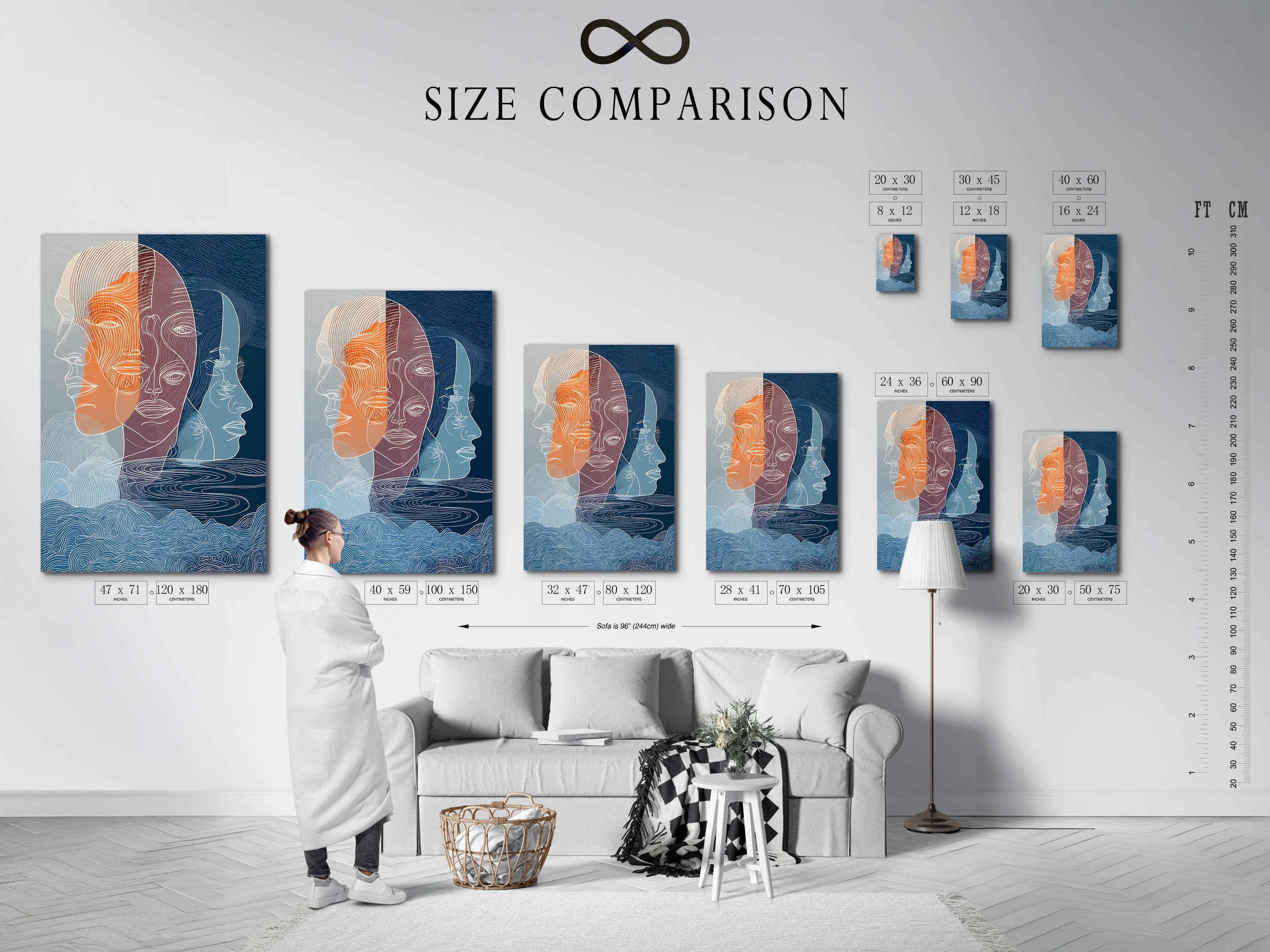Size comparison chart displayed in an interior setting. This chart helps visualize artwork dimensions in a space. Use this guide to select the perfect size for your needs. Ensure your artwork fits seamlessly into your home. Plan your art display effectively.