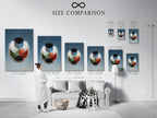 Size comparison chart in interior. This size comparison chart helps you visualize the different sizes of our artwork. It shows how each size looks in a real interior setting. Choose the perfect size for your space.
