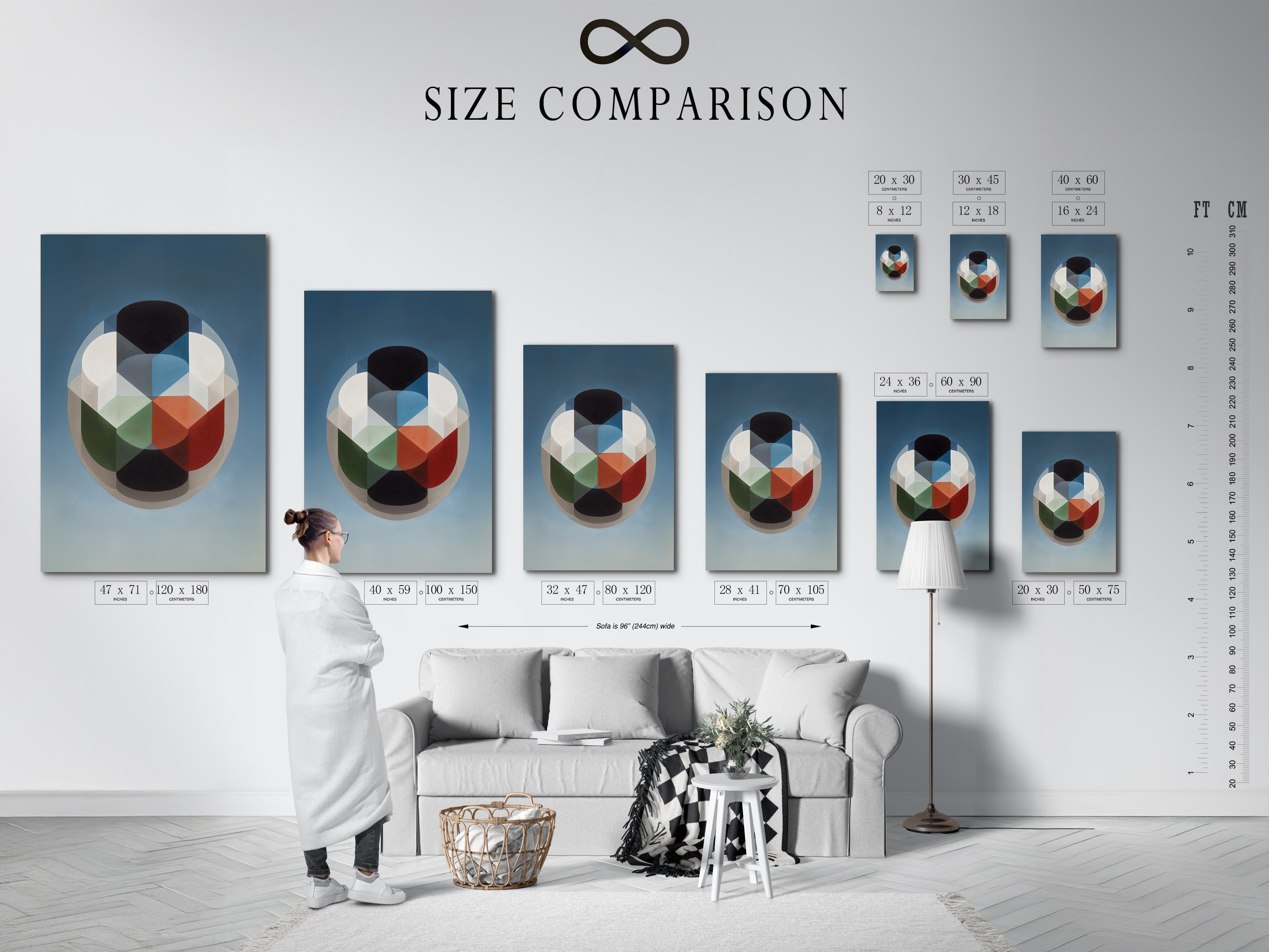 Size comparison chart in interior. This size comparison chart helps you visualize the different sizes of our artwork. It shows how each size looks in a real interior setting. Choose the perfect size for your space.
