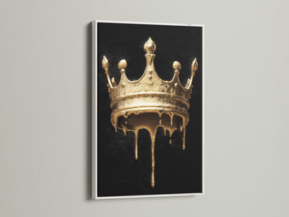 Melting Crown artwork with a white frame. The artwork features a gold melting crown on a black background. The white frame offers a clean modern look. Shop luxury wall art for your home or business today.
