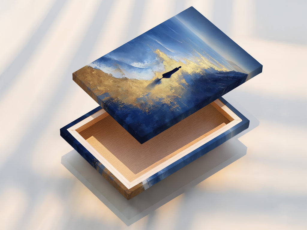 This is a stretched canvas print of the Ocean Reflection artwork. The blue and gold abstract design wraps around the frame. This coastal wall art option is ready to hang. It brings a gallery-worthy touch to your bedroom decor. Enjoy this stunning abstract seascape.