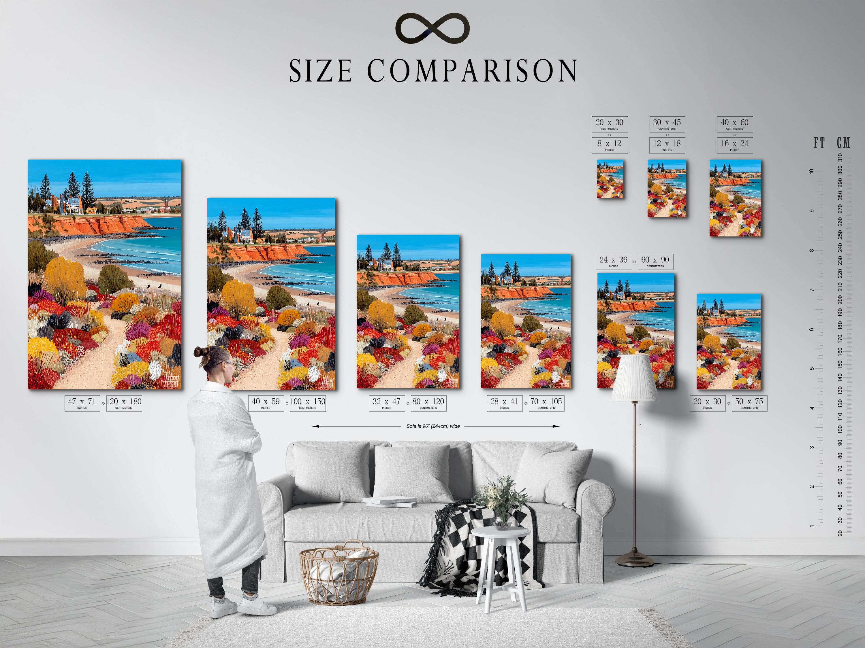 Size comparison chart displayed in an interior setting. This chart helps you visualize the perfect size for your coastal landscape artwork. Choose from various sizes to fit your space. Find the ideal seascape print for your living room bedroom or office. Explore our range of Australian art today.