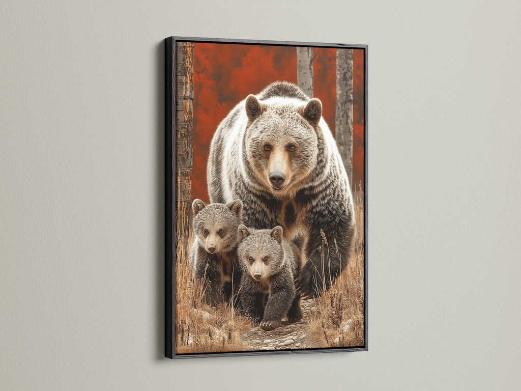 Grizzly Bear canvas print in a black frame. This striking wildlife art enhances living room walls. A bold statement piece for cabin art. The black frame adds a modern touch to rustic themes.