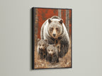 Grizzly Bear canvas print in a black frame. This striking wildlife art enhances living room walls. A bold statement piece for cabin art. The black frame adds a modern touch to rustic themes.