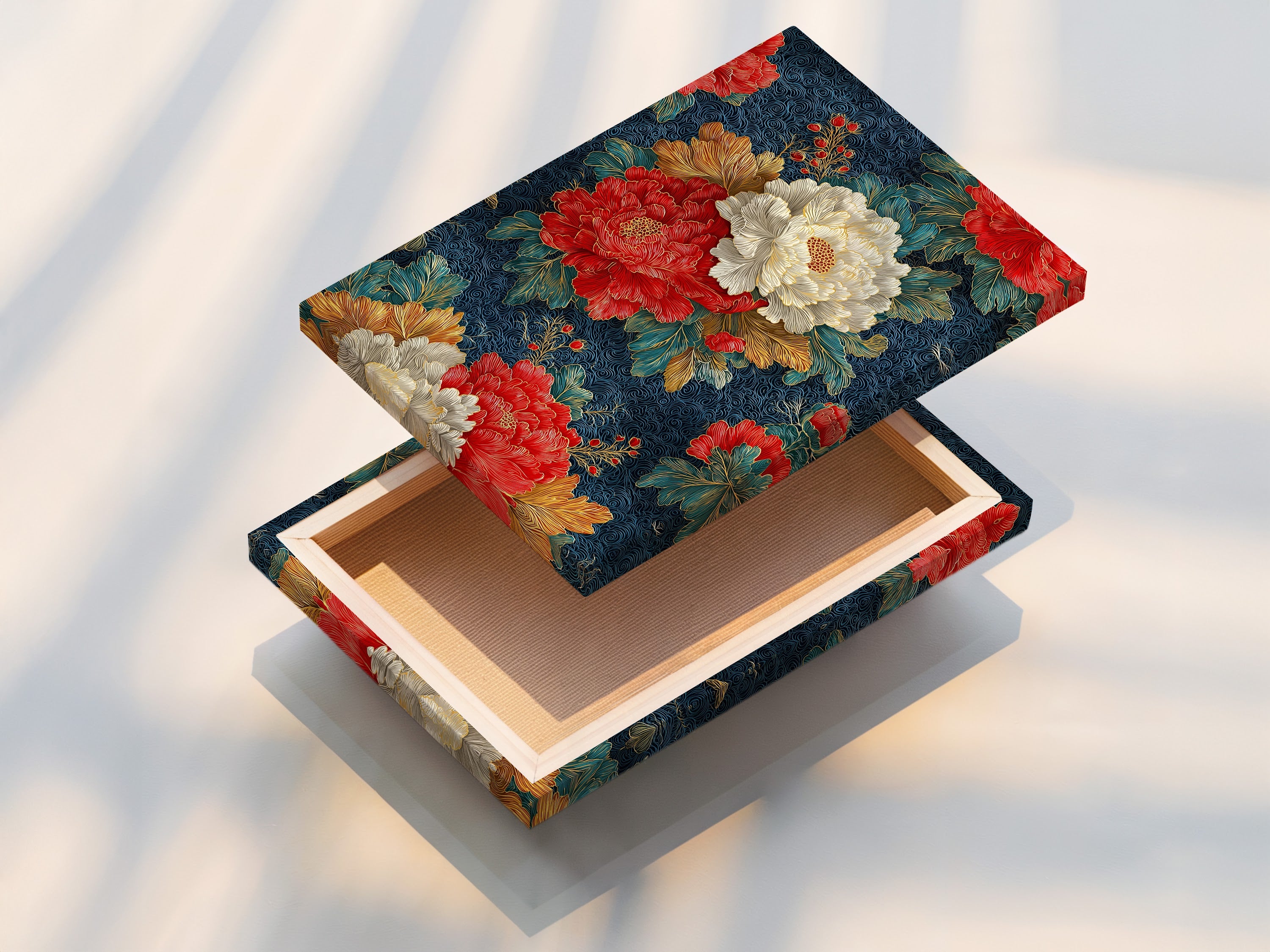 Japanese Floral Wall Art - Navy Blue Peony Canvas Print, Oriental Botanical Art for Living Room Decor