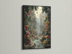 Tropical Waterfall artwork presented in a black frame. The artwork features a vibrant jungle with a waterfall and butterflies. The dark frame creates a striking contrast with the bright jungle scene. Transform your space with this exotic wall print. A dramatic and stylish addition to any room.