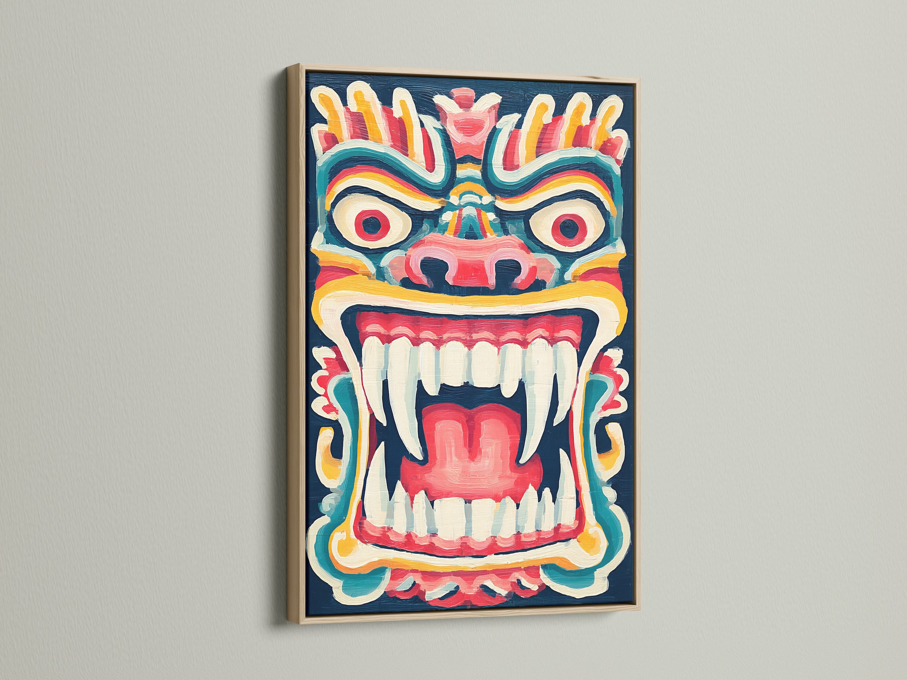 Explore tribal mask art in an oak frame. This folklore print adds color to any room. The artwork enhances eclectic wall decor. It's a graphic art print for a stylish home. The mask canvas art brings a folk art touch.