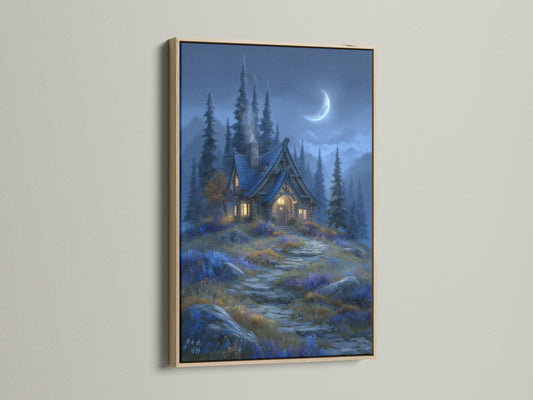 View the Moonlit Cottage artwork with an oak frame. Bring the beauty of a fantasy forest into your home. This enchanted cabin art enhances bedroom wall decor. Perfect for lovers of fairytale art.