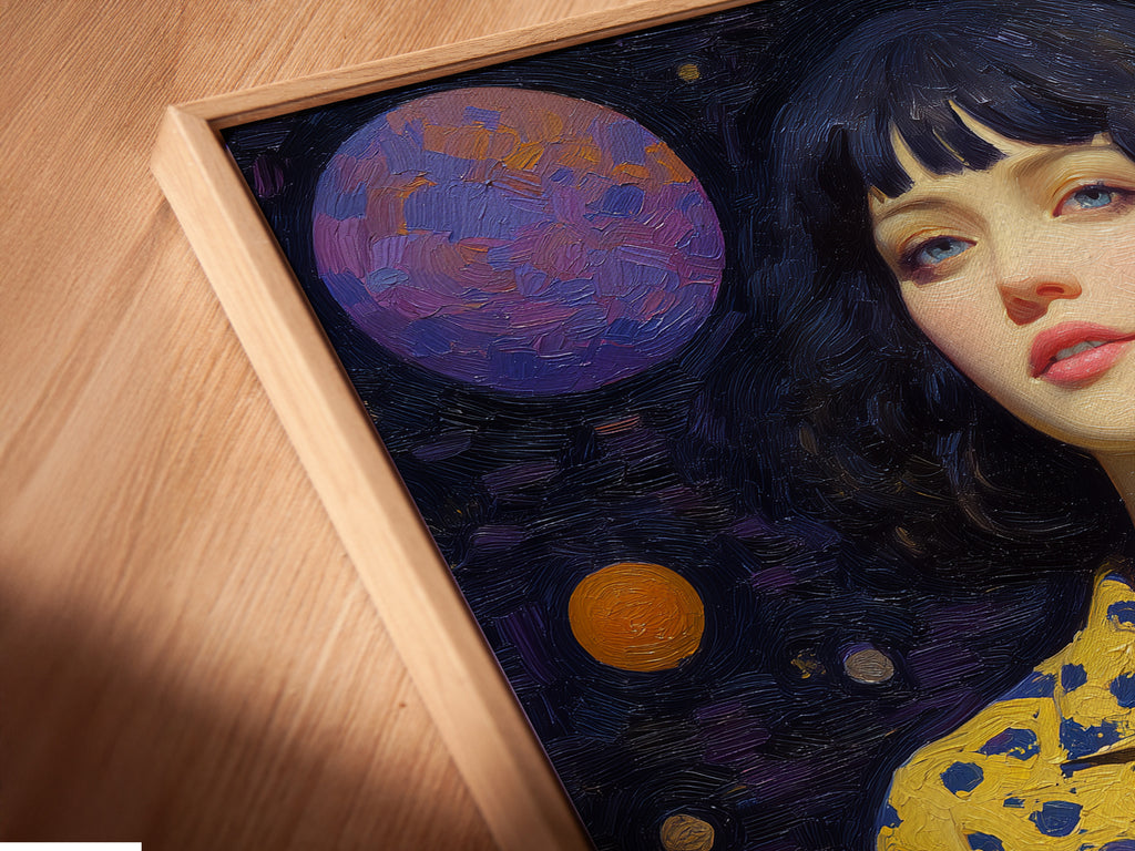 A close-up angled view of a Cosmic Woman Portrait canvas print in a floating frame. The surreal galaxy artwork adds a unique touch. Celestial wall art is ideal for modern decor. The dreamy space art enhances any room. Perfect for contemporary and eclectic styles.