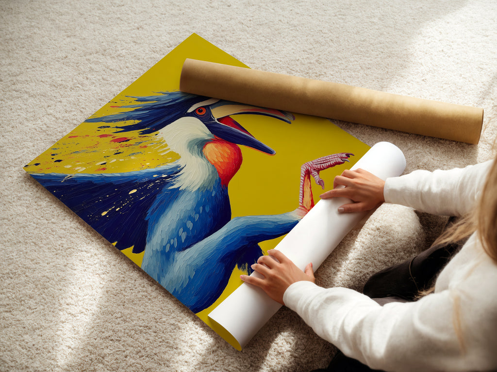 A woman rolls a fine art poster paper featuring the Hornbill artwork. The poster captures the essence of this exotic bird. It is perfect for creating a study room decor. The fine art paper enhances the vibrant colors of this wildlife canvas.