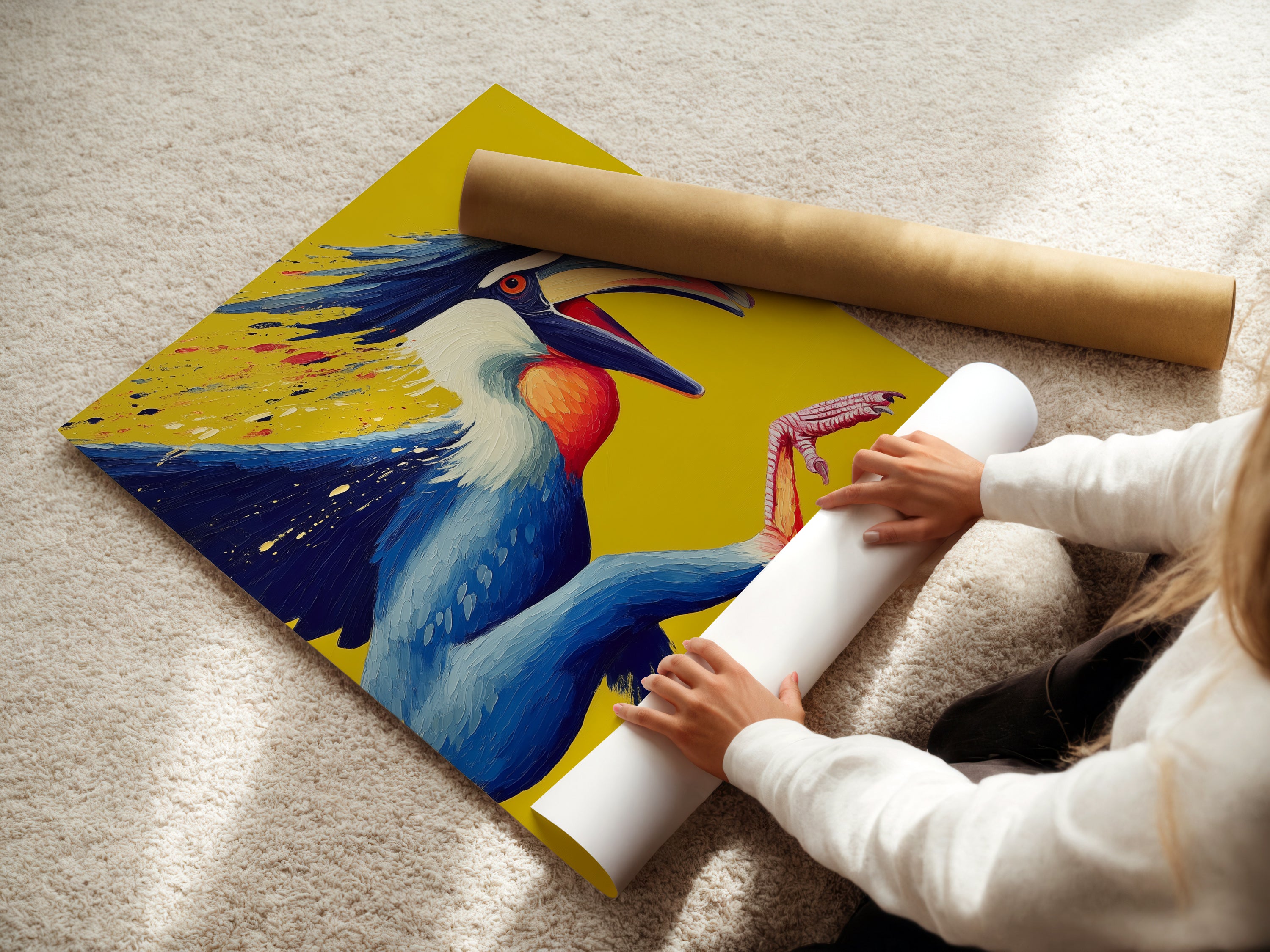 A woman rolls a fine art poster paper featuring the Hornbill artwork. The poster captures the essence of this exotic bird. It is perfect for creating a study room decor. The fine art paper enhances the vibrant colors of this wildlife canvas.