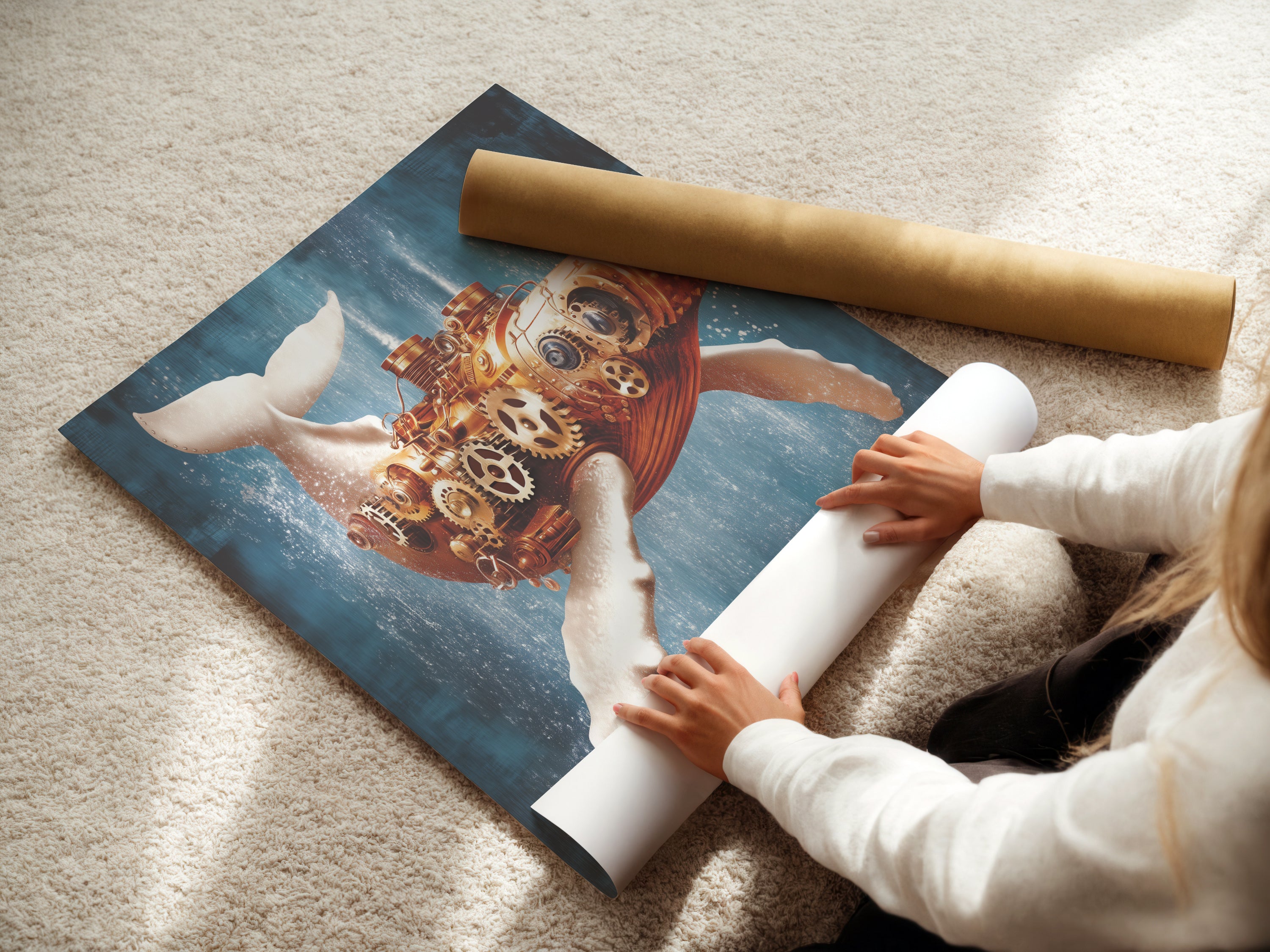 A woman rolling a fine art poster paper. This high-quality fine art paper is perfect for printing the Steampunk Whale artwork. Ideal for creating stunning nautical art prints. The poster paper ensures a detailed and vibrant reproduction of the mechanical whale art.