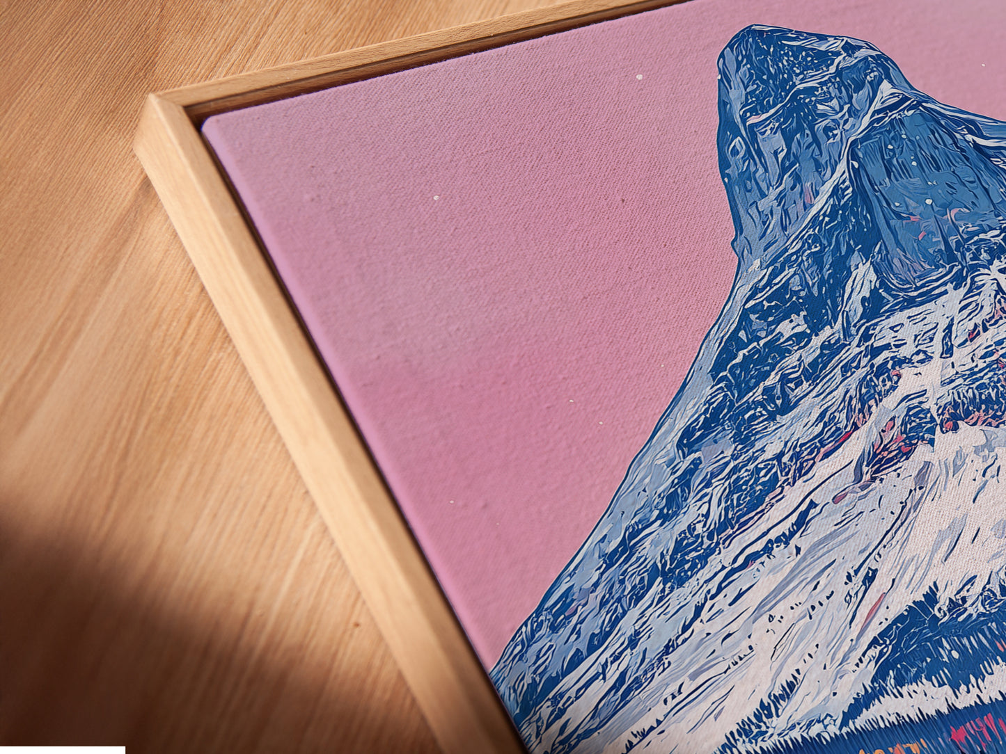 A close-up of a canvas print in a floating frame. The mountain horse artwork looks stunning. The floating frame adds depth to the art. This rustic art print is ready to hang. Enhance your cabin decor with this unique piece. Explore our western wall decor options now.