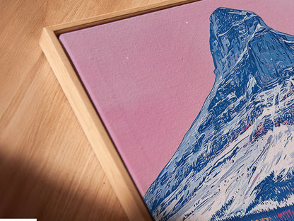A close-up of a canvas print in a floating frame. The mountain horse artwork looks stunning. The floating frame adds depth to the art. This rustic art print is ready to hang. Enhance your cabin decor with this unique piece. Explore our western wall decor options now.