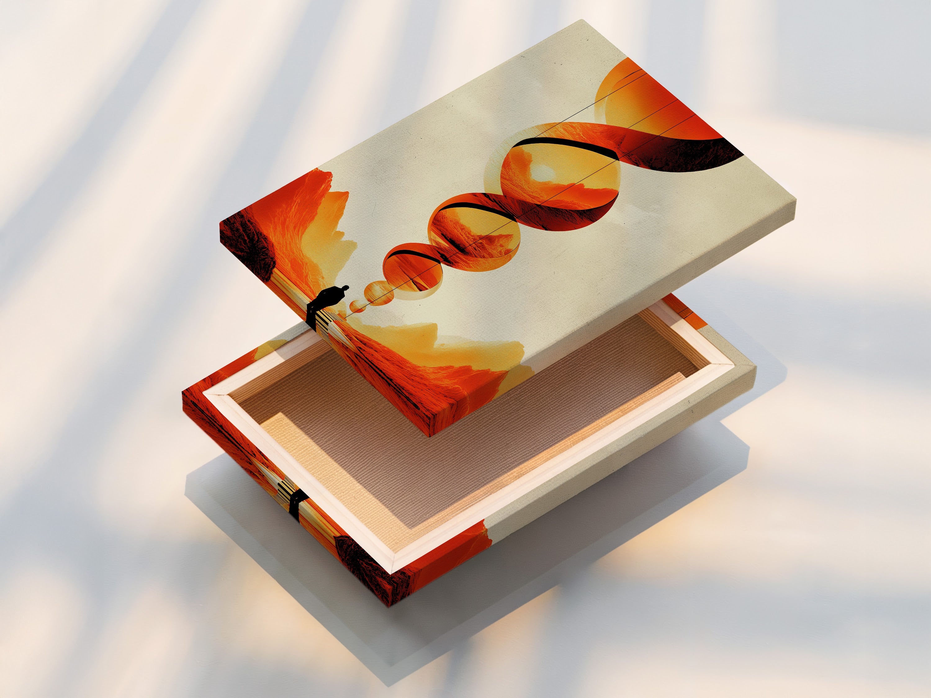 Close up of a stretched canvas print of an abstract geometric artwork. The art features orange and red tones. The stretched canvas provides a gallery wrapped look. This modern art piece is ready to hang. Perfect for adding a contemporary touch. This vibrant art print is ideal for living rooms and offices. Elevate your space with this stylish artwork.