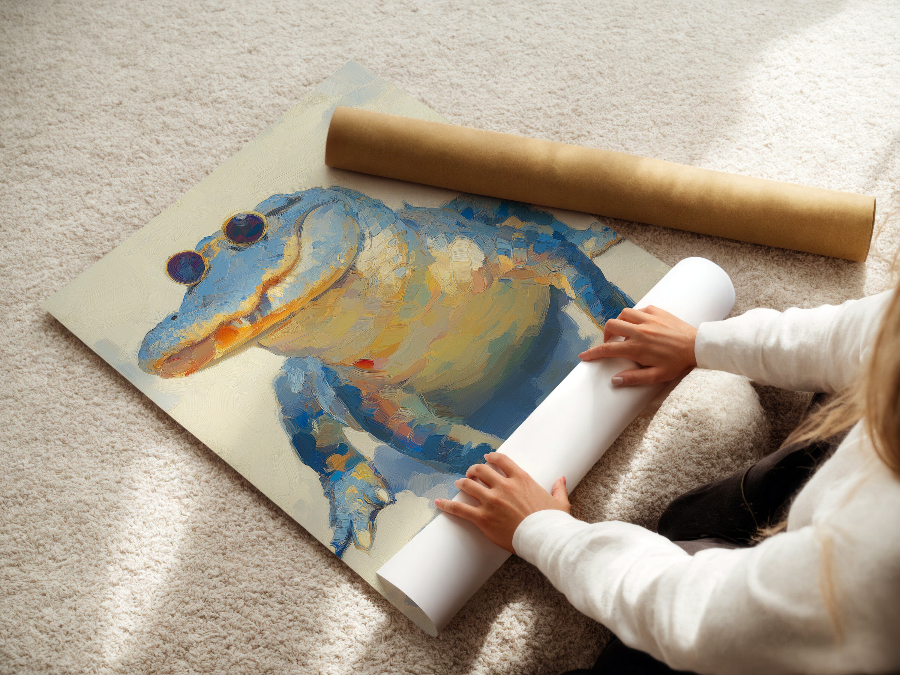 A woman carefully rolls a fine art poster paper. This highlights the care and quality that goes into preparing each print. Our fine art posters are printed on premium paper. They ensure vibrant colors and lasting beauty for your artwork.