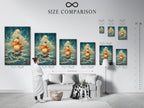 A size comparison chart is displayed in an interior setting. It helps visualize artwork dimensions in a space. Choose the perfect size for your wall. Ensure the artwork complements your decor. Plan your art display effectively.
