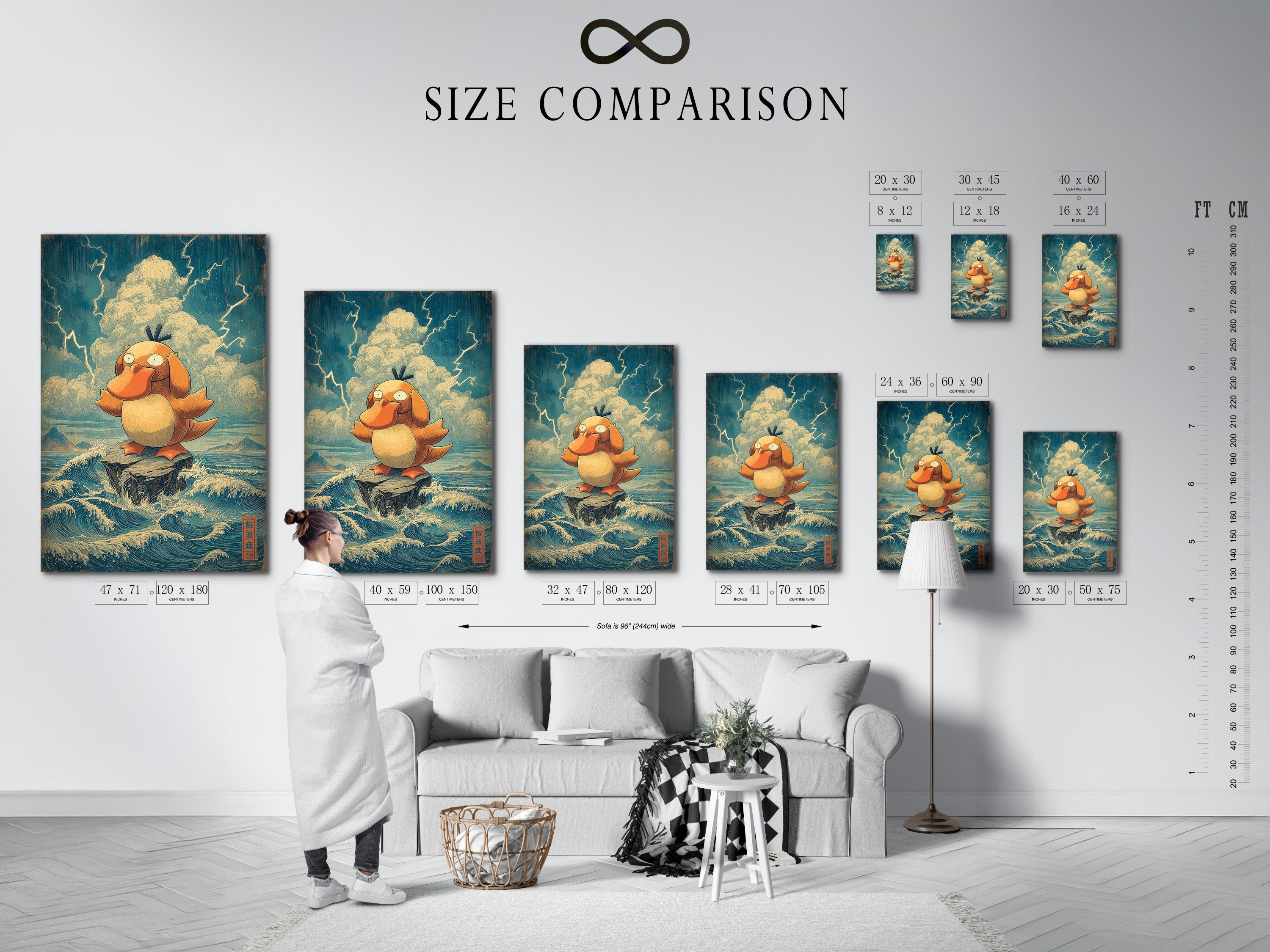 A size comparison chart is displayed in an interior setting. It helps visualize artwork dimensions in a space. Choose the perfect size for your wall. Ensure the artwork complements your decor. Plan your art display effectively.