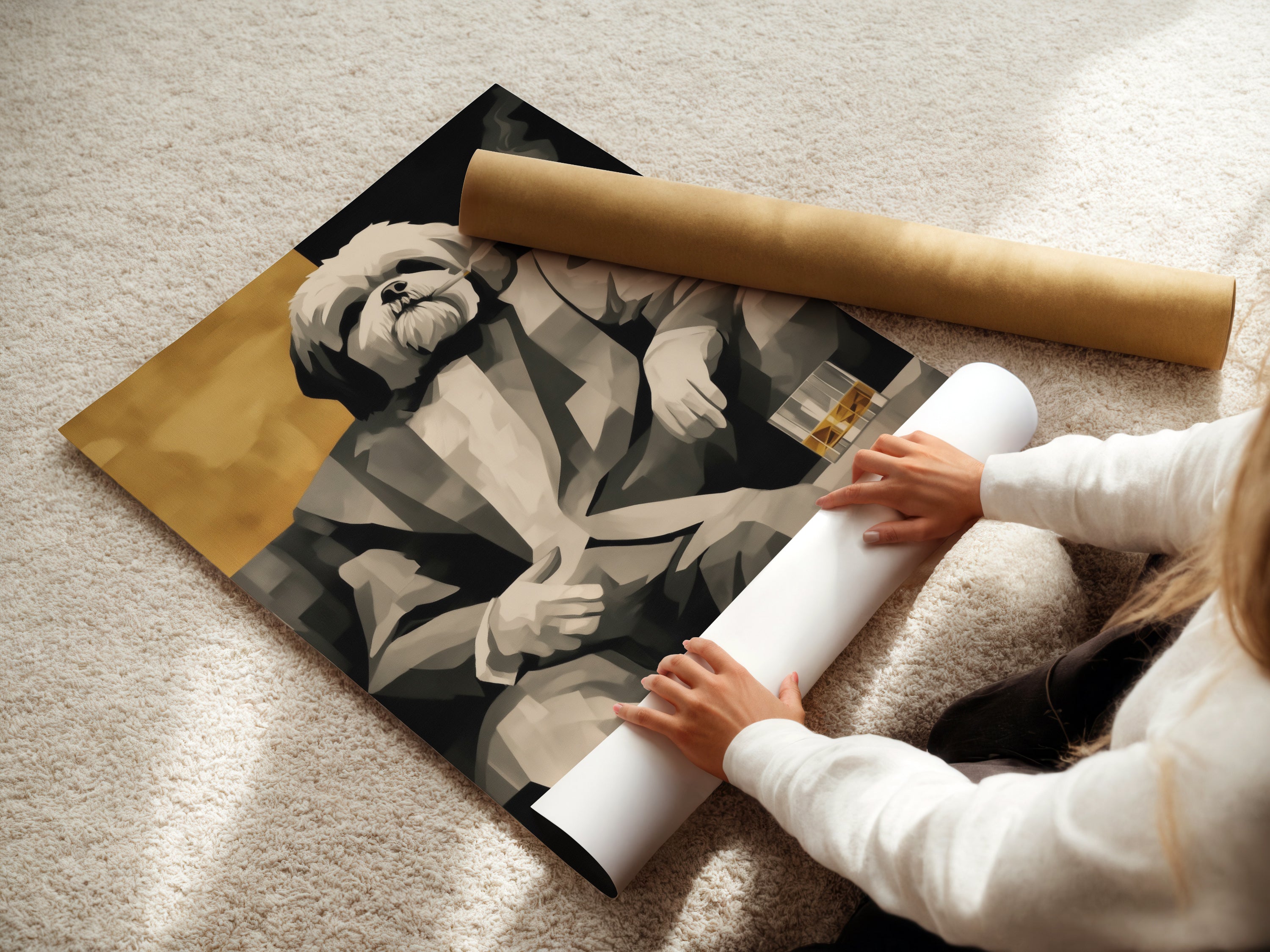 A woman carefully rolling a fine art poster paper. The Dog Smoking Art Print is ready to be displayed. This Shih Tzu art is a unique addition to any collection. It's a perfect gentleman dog portrait for art enthusiasts. A great humorous art piece.