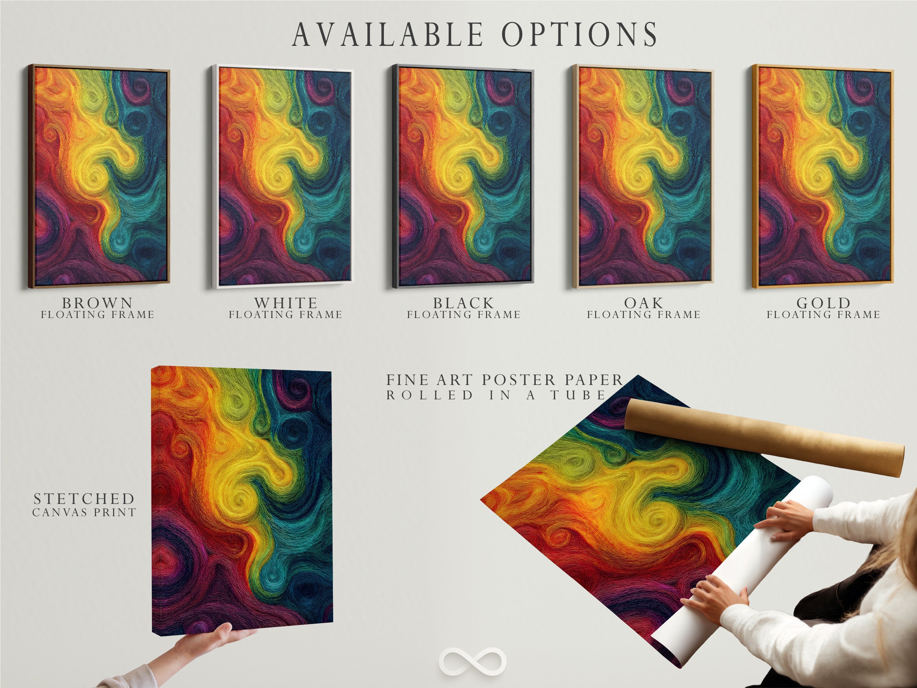 Available options are showcased including a stretched canvas print fine art poster paper and a floating frame. The abstract swirl artwork features a colorful rainbow. Choose the perfect format to match your style and decor needs. Enhance your space with modern psychedelic art.