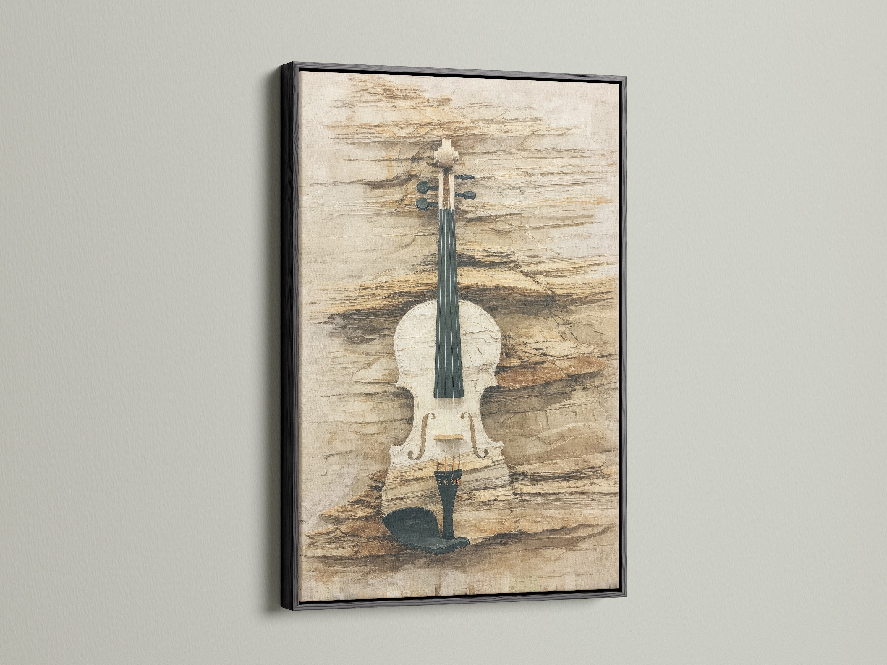 The black frame highlights the vintage violin art. This musical instrument artwork stands out with neutral tones. Enhance your music room decor with this rustic artwork. It's a striking piece for classical music lovers.