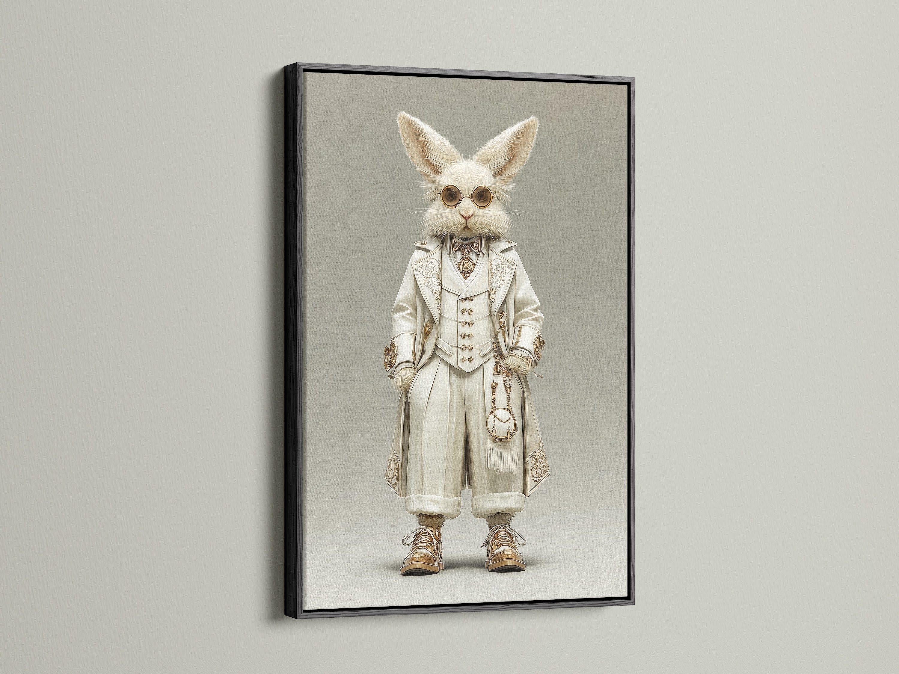 A black frame surrounds this Victorian Steampunk Rabbit artwork. The black frame adds a bold contrast. This gentleman rabbit art is striking and modern. It is ideal for creating a focal point in your room. Consider this quirky office art for a touch of whimsy.