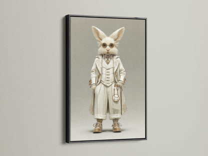A black frame surrounds this Victorian Steampunk Rabbit artwork. The black frame adds a bold contrast. This gentleman rabbit art is striking and modern. It is ideal for creating a focal point in your room. Consider this quirky office art for a touch of whimsy.