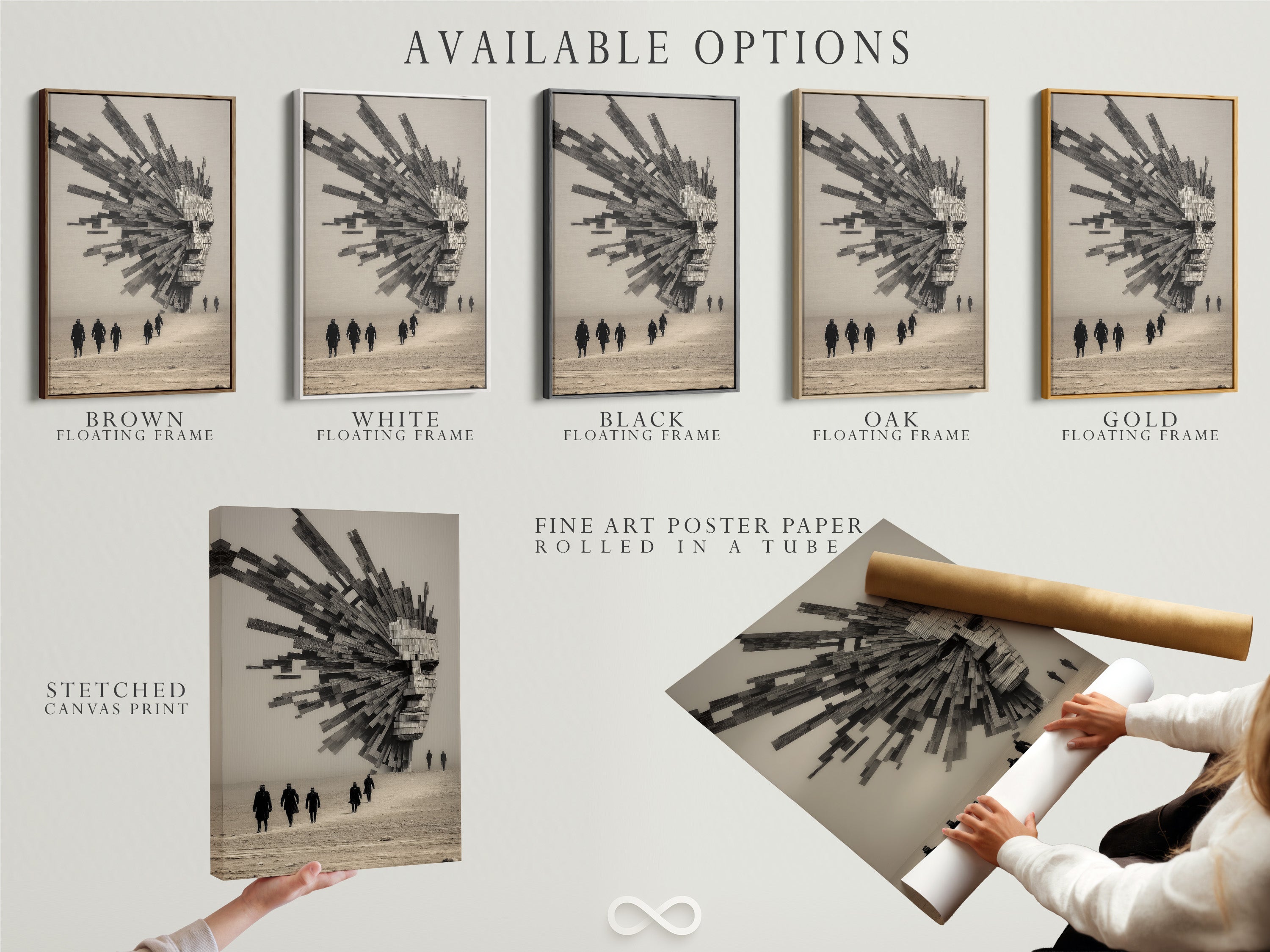 Available options for the Surreal Architecture artwork include a stretched canvas print. Also a fine art poster paper and a floating frame. Choose the perfect format for this abstract geometric monochrome poster to enhance your space.