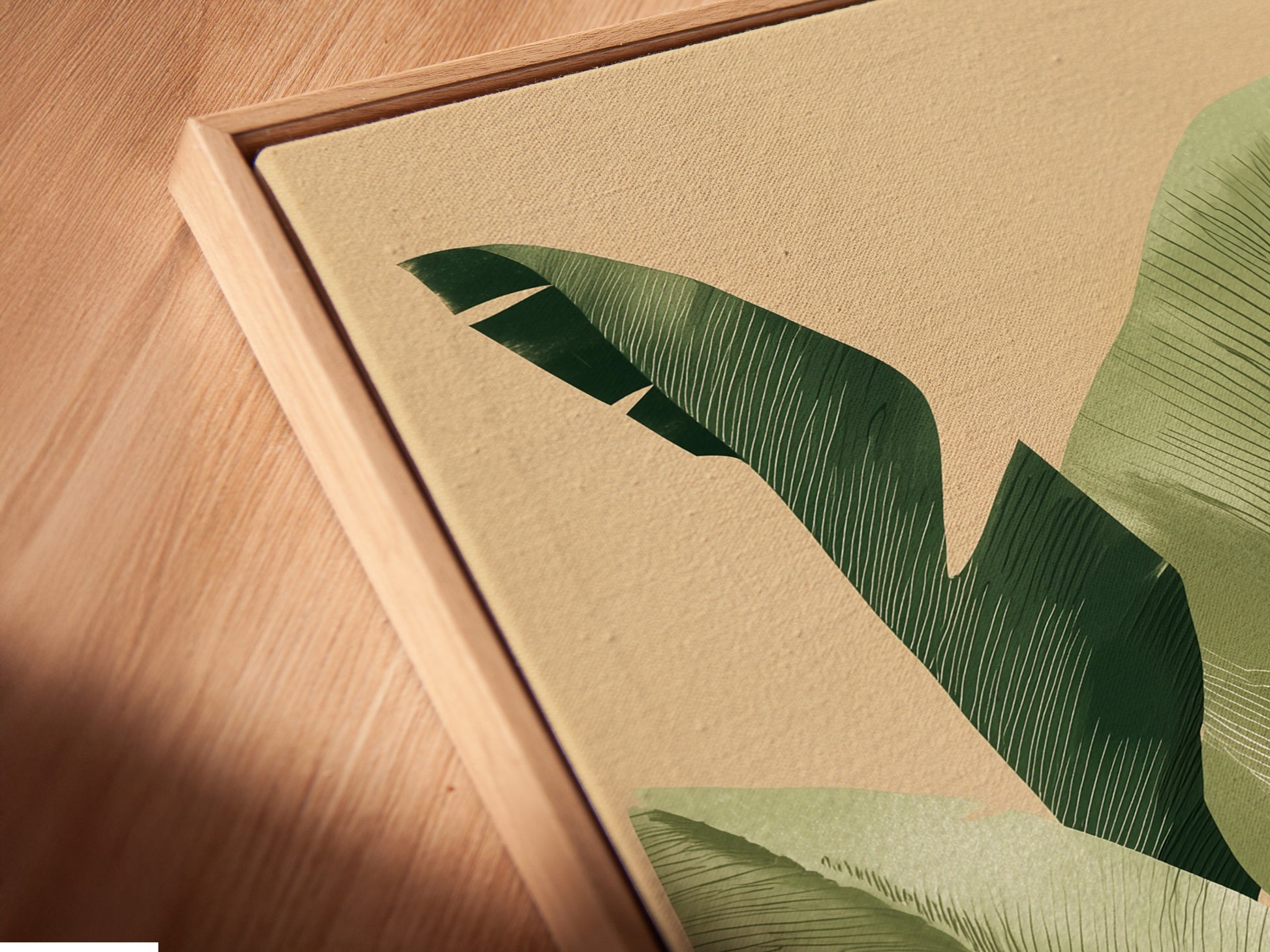 This is a close-up shot of a canvas print in a floating frame. The floating frame gives the artwork a modern and sophisticated look. It creates a unique visual effect. The artwork appears to float within the frame.