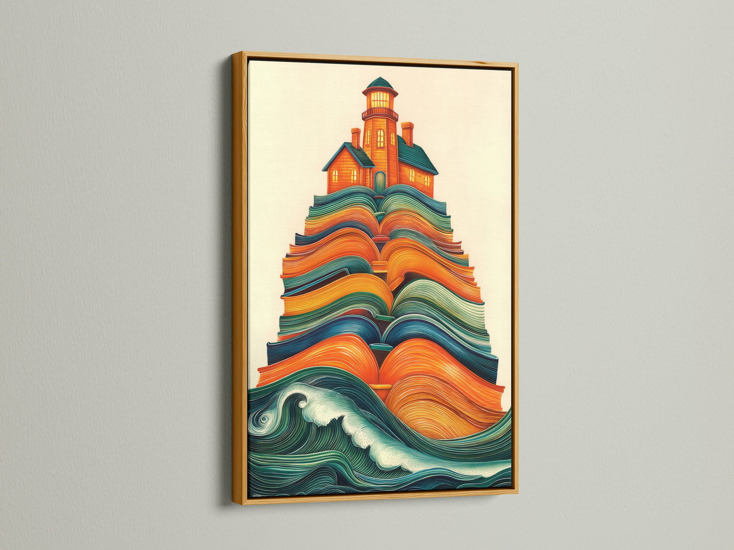 Lighthouse on Books canvas artwork with a gold frame. The gold frame adds a touch of elegance. This teal and orange art is perfect for coastal-themed spaces. Enhance your home with nautical artwork.