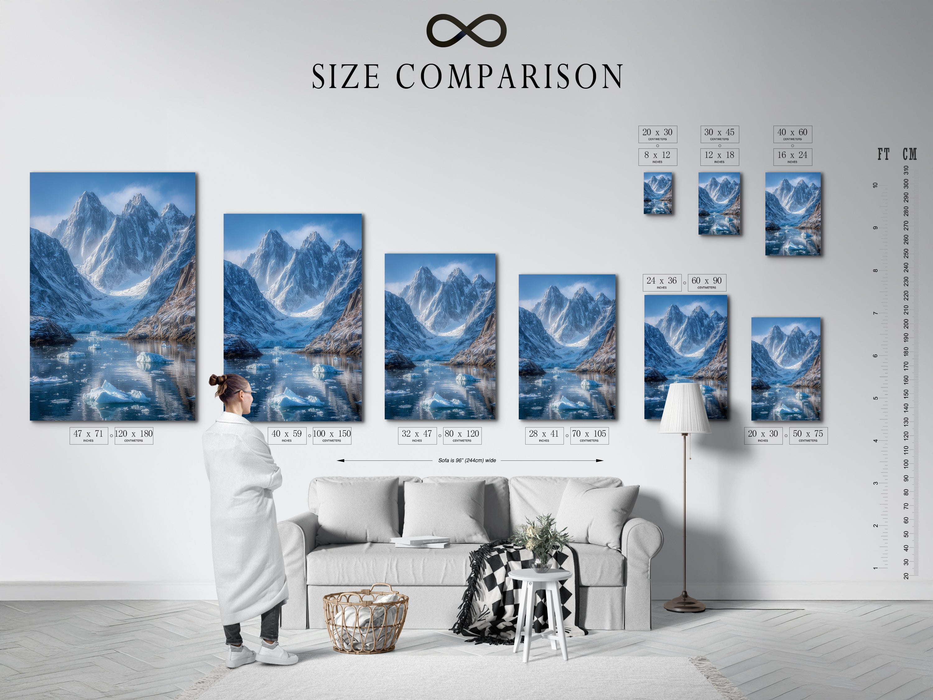 A size comparison chart featuring the Mountain Glacier artwork in an interior setting. See how different sizes of this arctic print fit in various spaces. Visualize the impact of this landscape wall art.