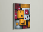 This modern squares wall art is showcased in a sleek white frame. The geometric artwork features vibrant red gray and gold tones. Elevate your office or living room with this contemporary piece. It's a perfect abstract print.