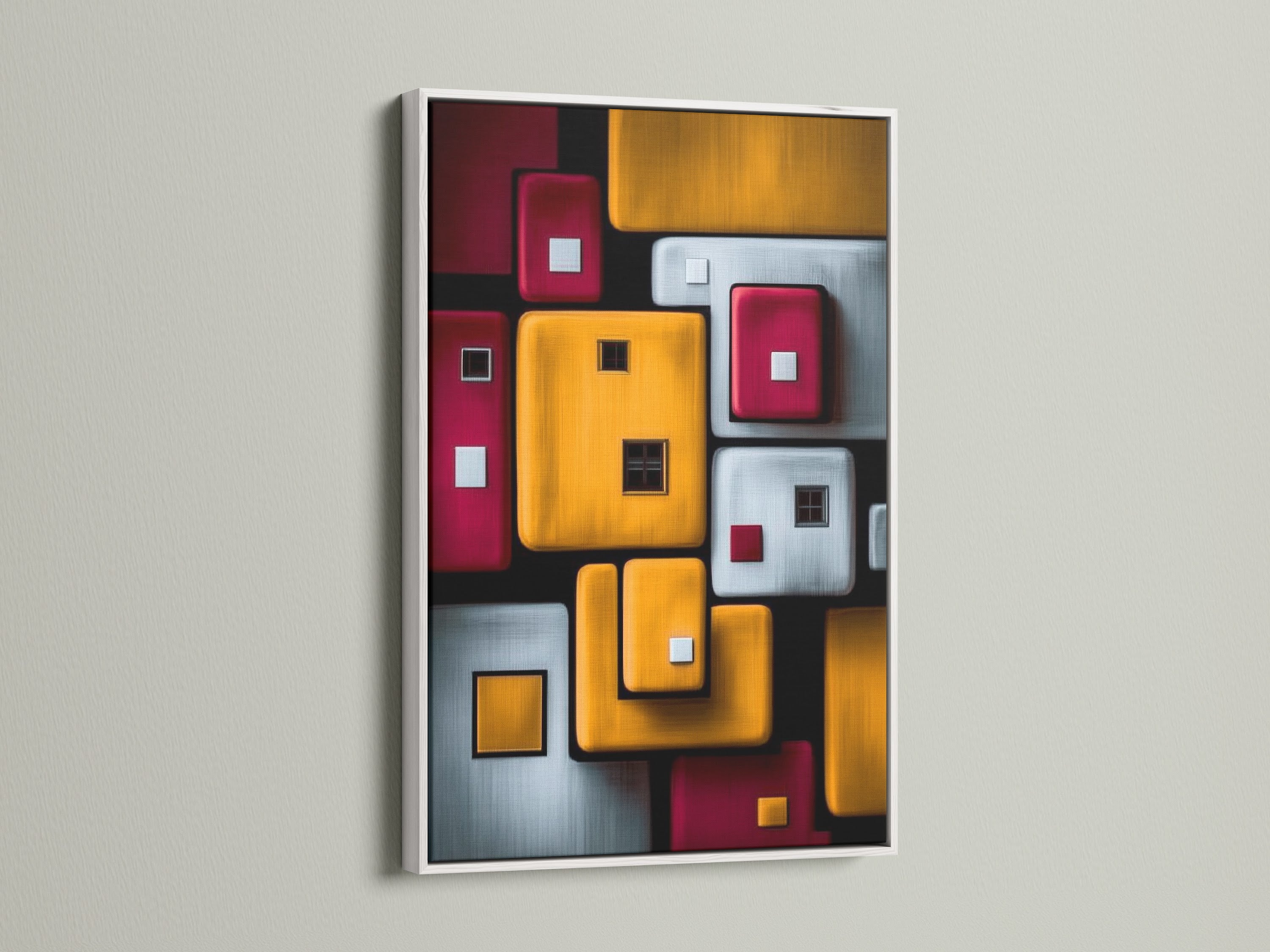 This modern squares wall art is showcased in a sleek white frame. The geometric artwork features vibrant red gray and gold tones. Elevate your office or living room with this contemporary piece. It's a perfect abstract print.