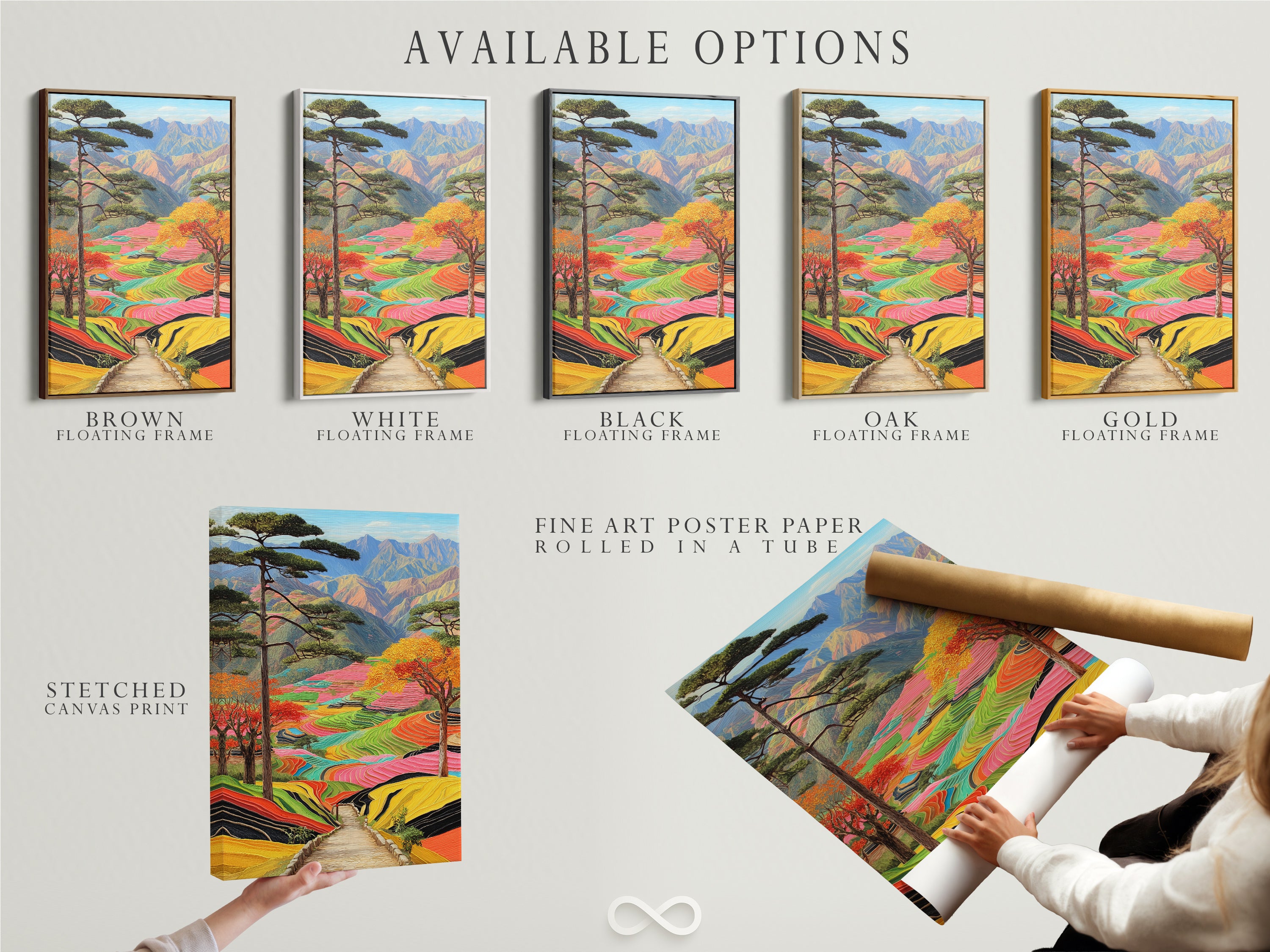 Available options include a stretched canvas print. Also available is fine art poster paper and a floating frame. Choose the best option for your terraced rice fields artwork. Options for any space.