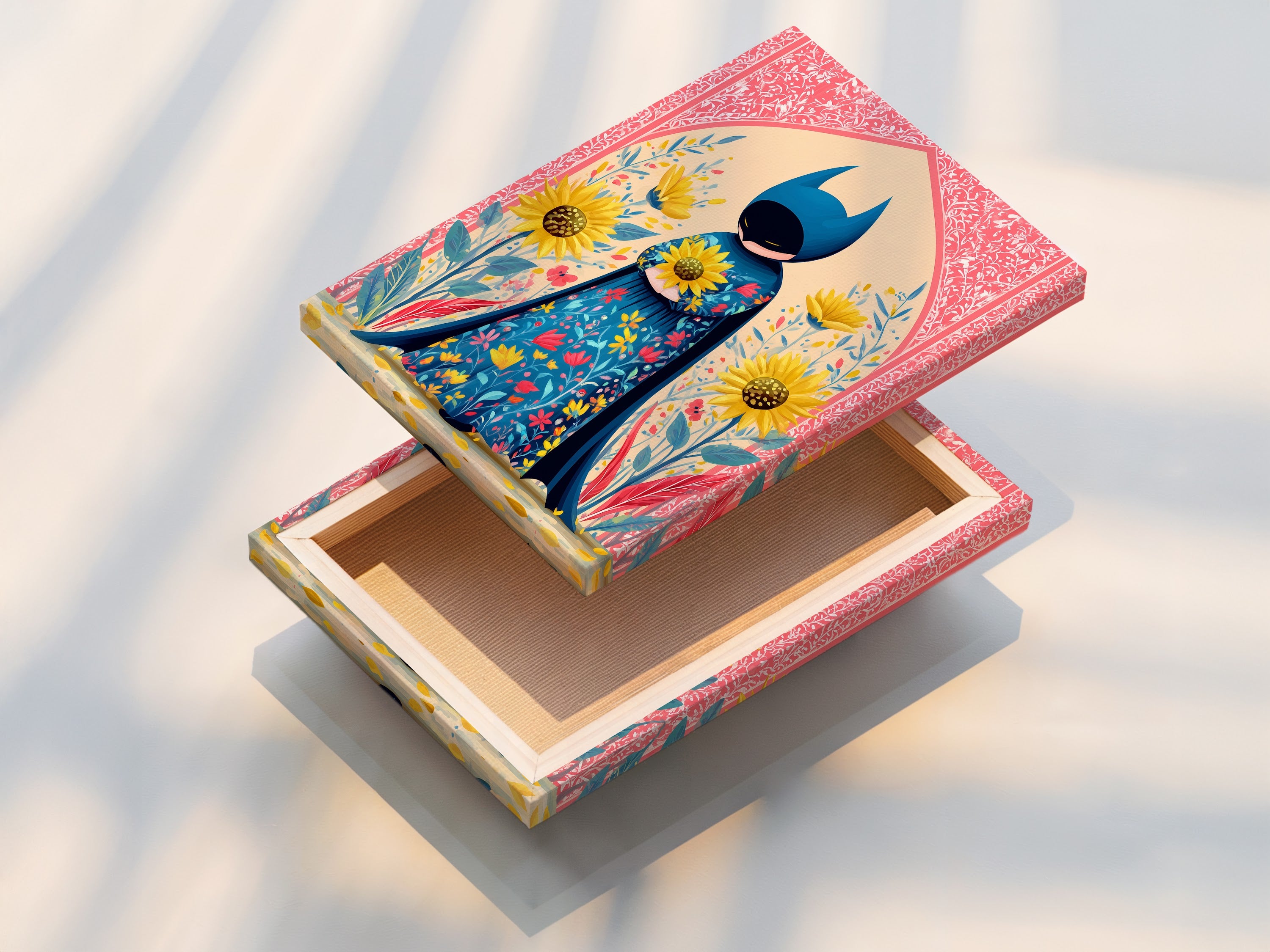 A stretched superhero canvas print is showcased. The art features folk art with floral elements. The artwork is ready to hang. The piece is a whimsical addition to any space. The artwork includes sunflowers and a hero canvas. It is perfect for kids' room decor or as a unique gift.