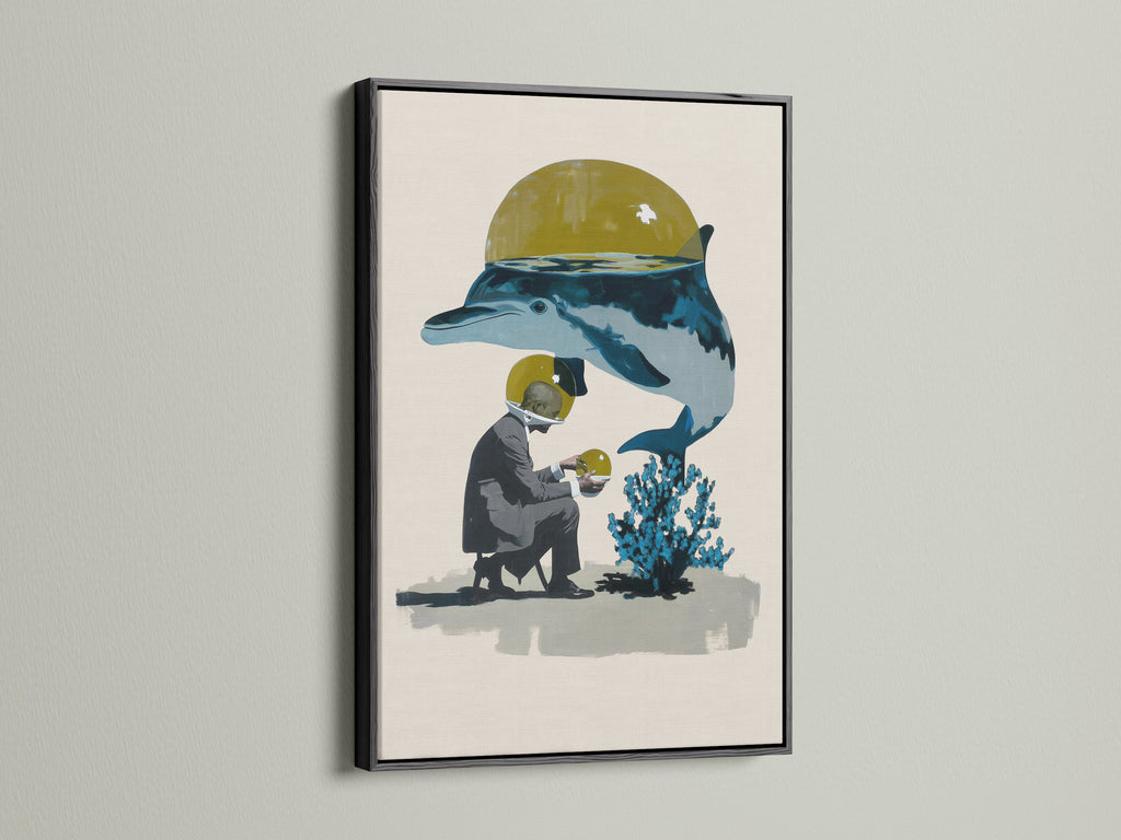 Surreal Ocean Artwork with a black frame. The artwork features a diver and a whale. It is a contemporary marine life art piece. The black frame offers a sleek contrast. This artwork is ideal for modern interiors.