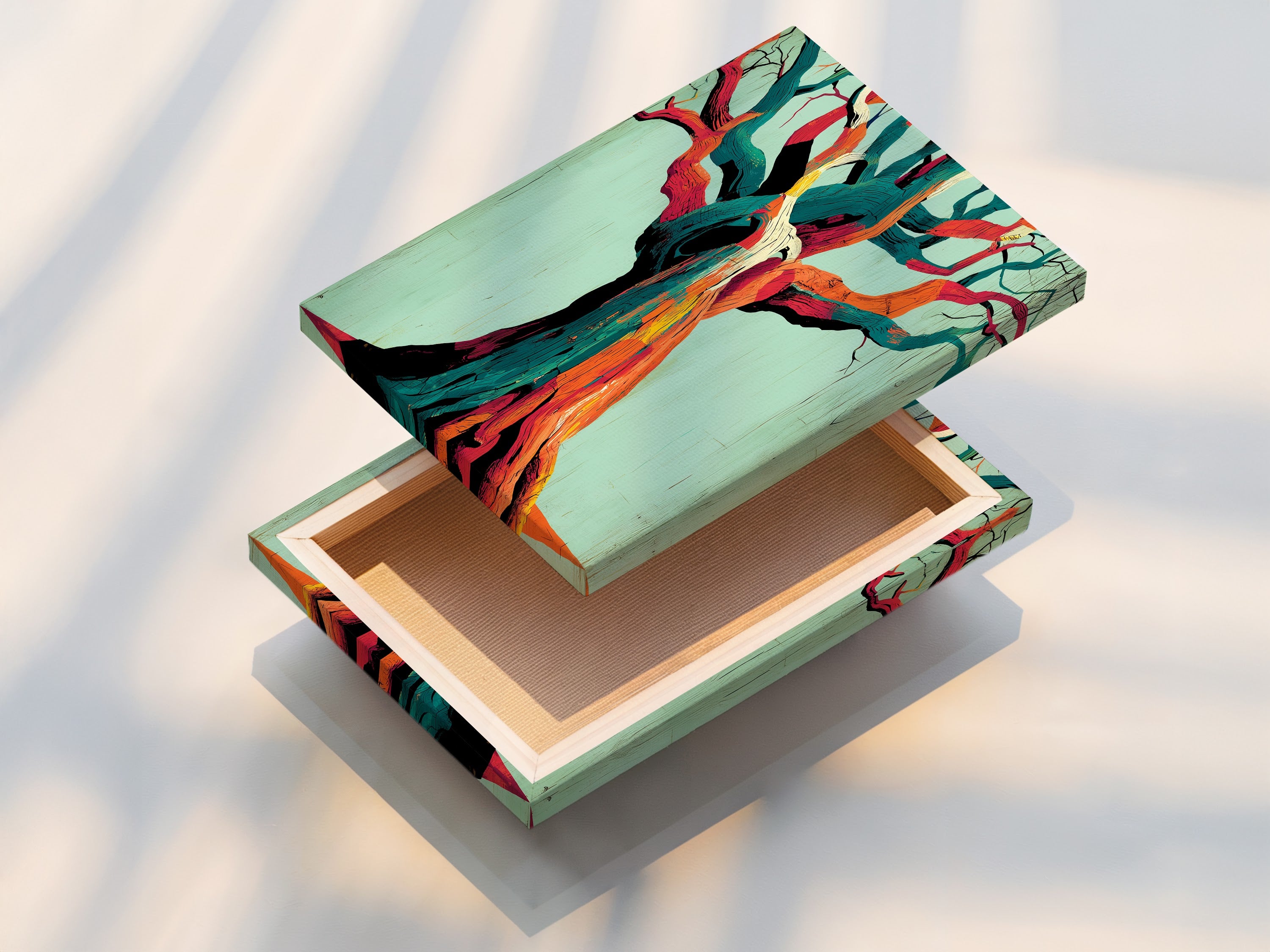 A stretched canvas print featuring abstract tree artwork. The colorful botanical print is ready to hang. It is perfect for adding a modern touch to any room. This vibrant art print is a must-have.