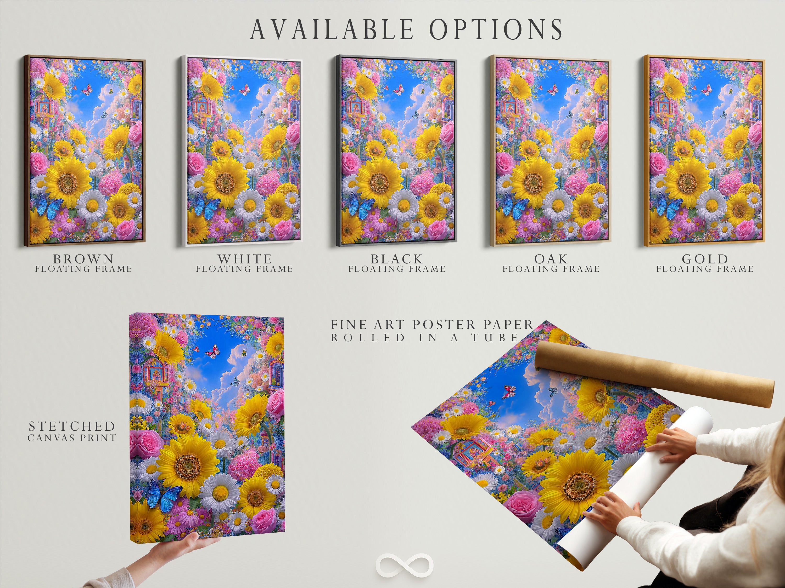 Available options for Sunflower Garden artwork. Choose from a stretched canvas print fine art poster paper or floating frame. Butterfly floral wall art with colorful botanical prints. Find the perfect summer flowers art for your space. Nature wall decor to suit your style.
