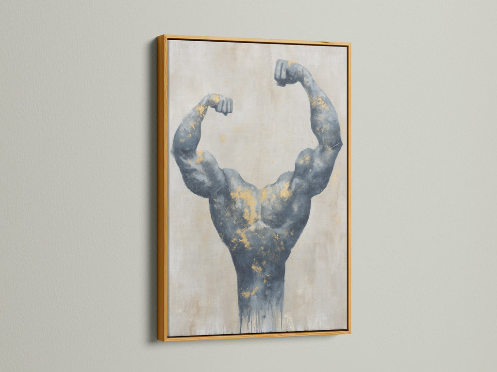 Bodybuilder canvas print with a gold frame. This artwork is perfect for fitness enthusiasts. The gray muscle art gets a lift from the gold accents. Add strength art to your gym wall or home office.