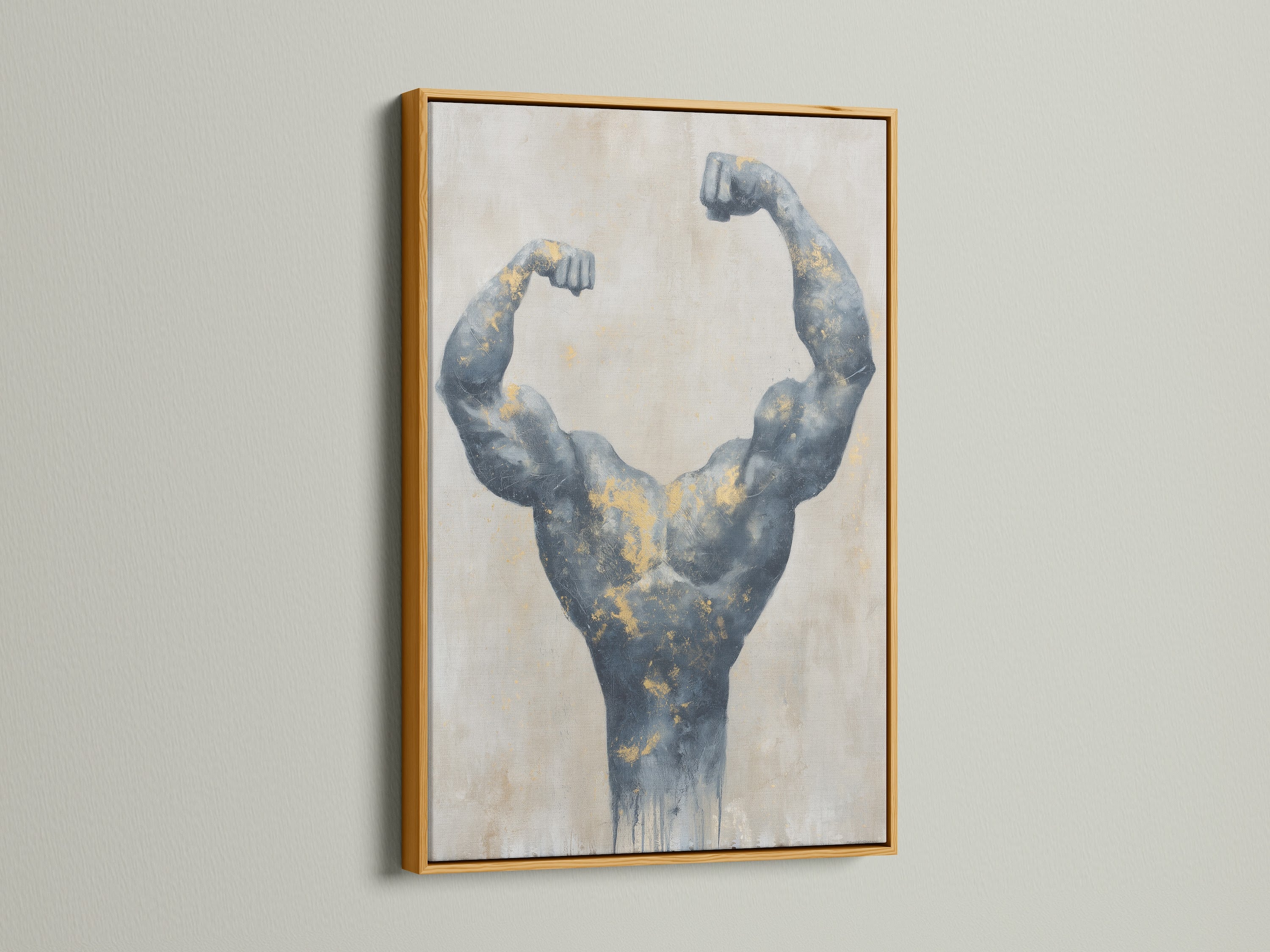 Bodybuilder canvas print with a gold frame. This artwork is perfect for fitness enthusiasts. The gray muscle art gets a lift from the gold accents. Add strength art to your gym wall or home office.