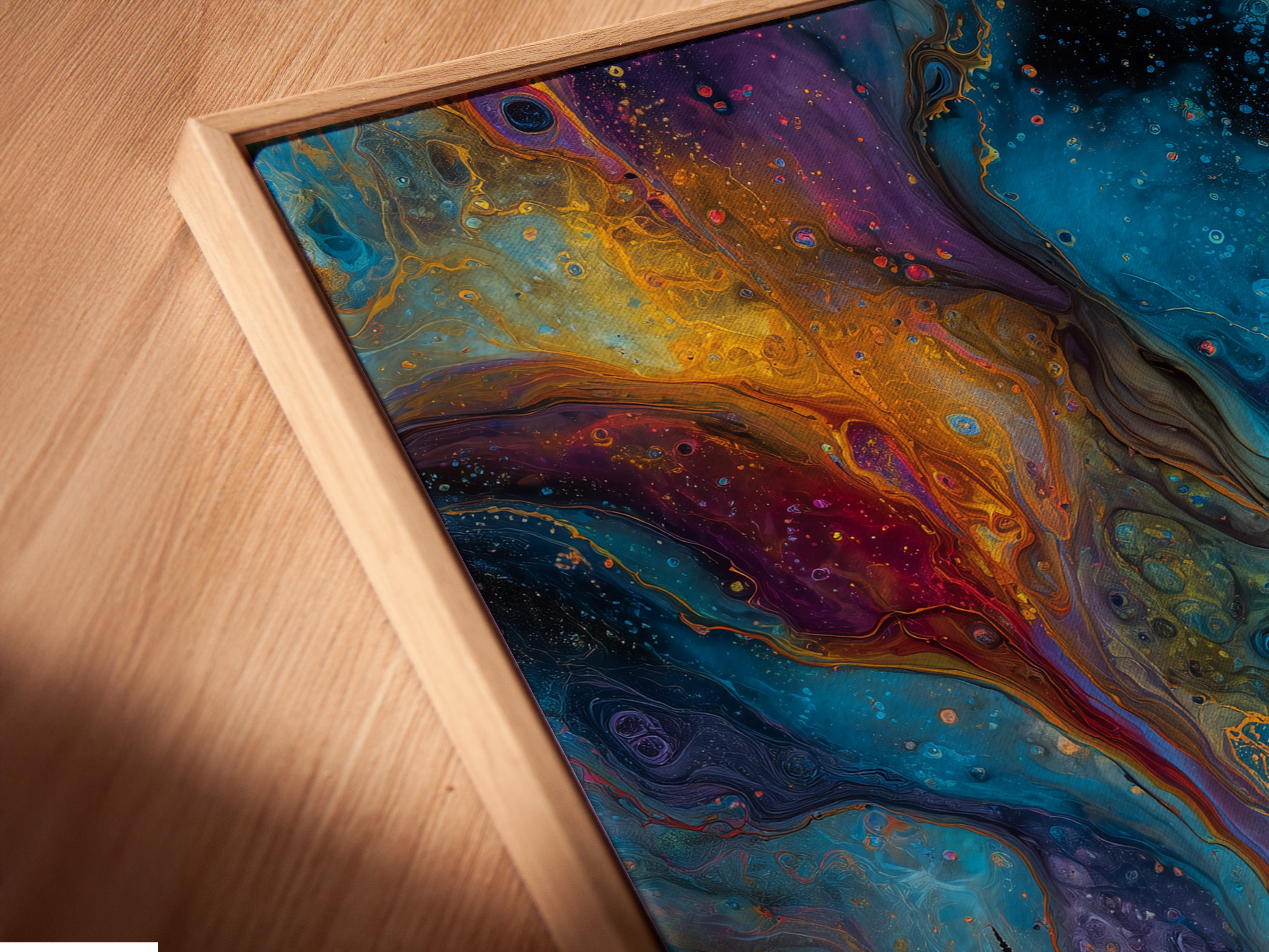 A close-up of a canvas print in a floating frame. The Aurora Borealis artwork features blue and gold colors. This celestial wall decor will enhance any living room or office space. This artwork is visually stunning.