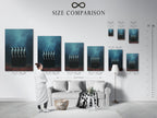 A size comparison chart is displayed in an interior setting. This helps visualize the artwork's dimensions in a real space. The chart features the surreal figures canvas print. This ensures customers can choose the perfect size for their wall art needs.